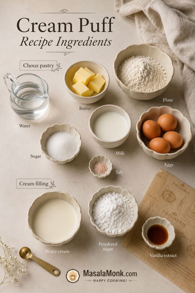 Ingredients for cream puffs including flour, eggs, butter, milk, water, sugar, salt, heavy cream, powdered sugar, and vanilla.