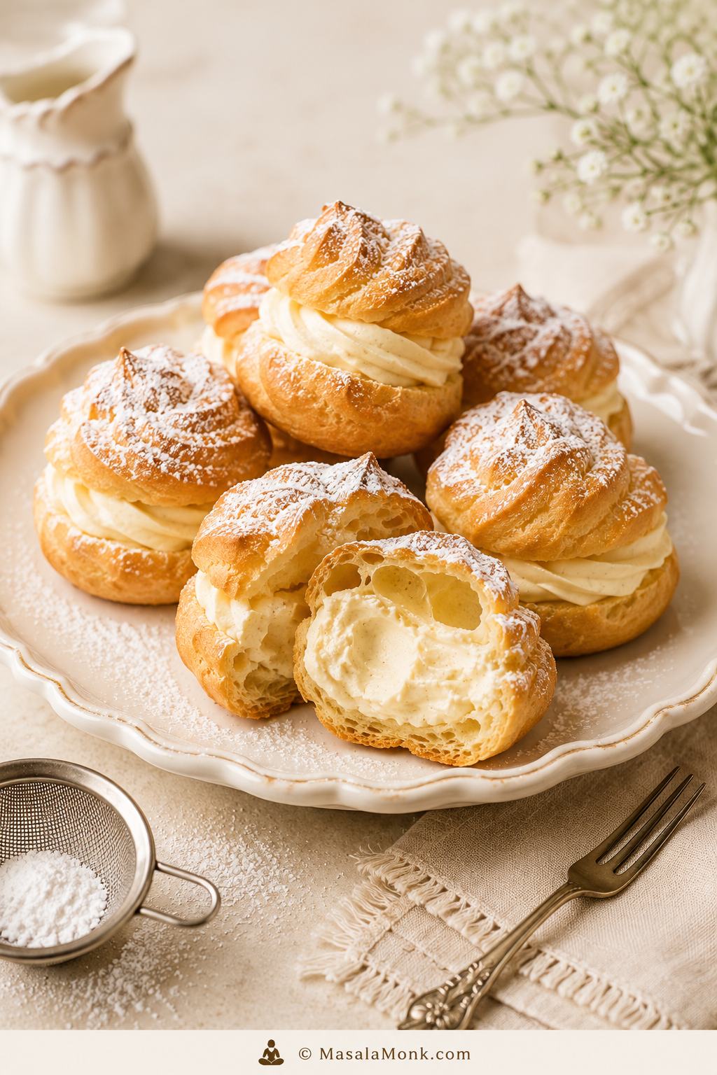 Golden cream puffs filled with vanilla cream and dusted with powdered sugar on an ivory plate.