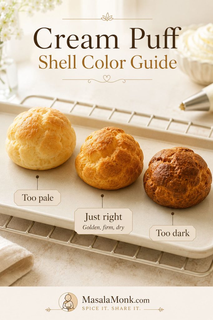Cream puff shell color guide showing too pale, just right, and too dark baked shells.