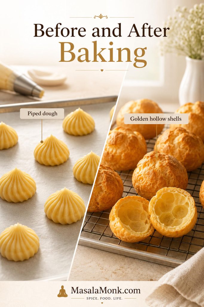 Piped choux dough mounds shown beside baked golden cream puff shells.
