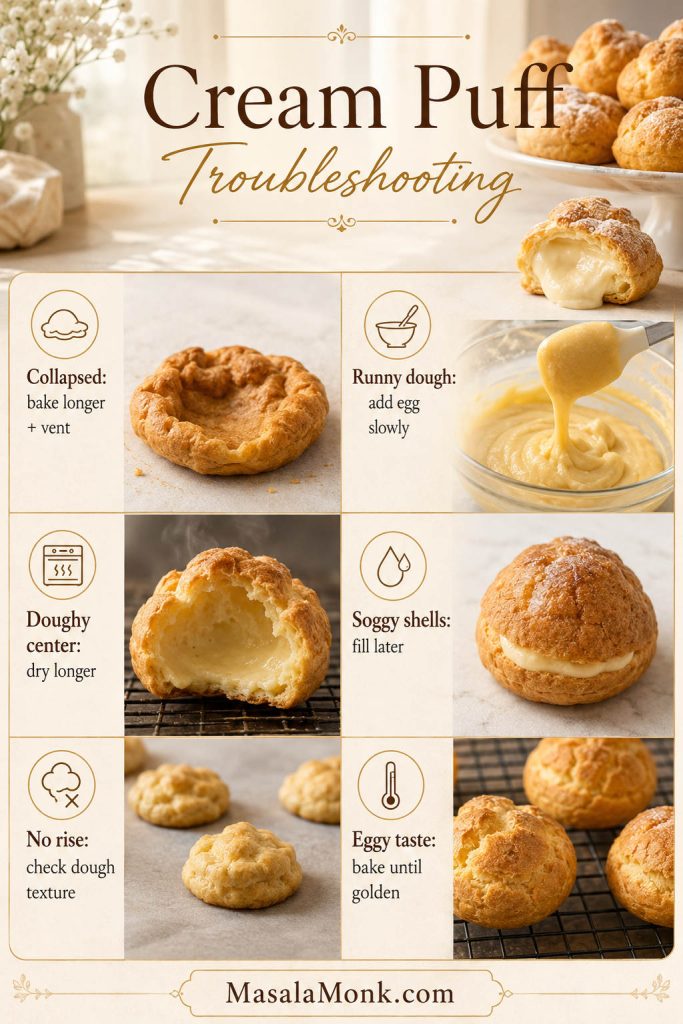 Cream puff troubleshooting guide showing collapsed puffs, runny dough, doughy centers, soggy shells, no rise, and eggy taste fixes.