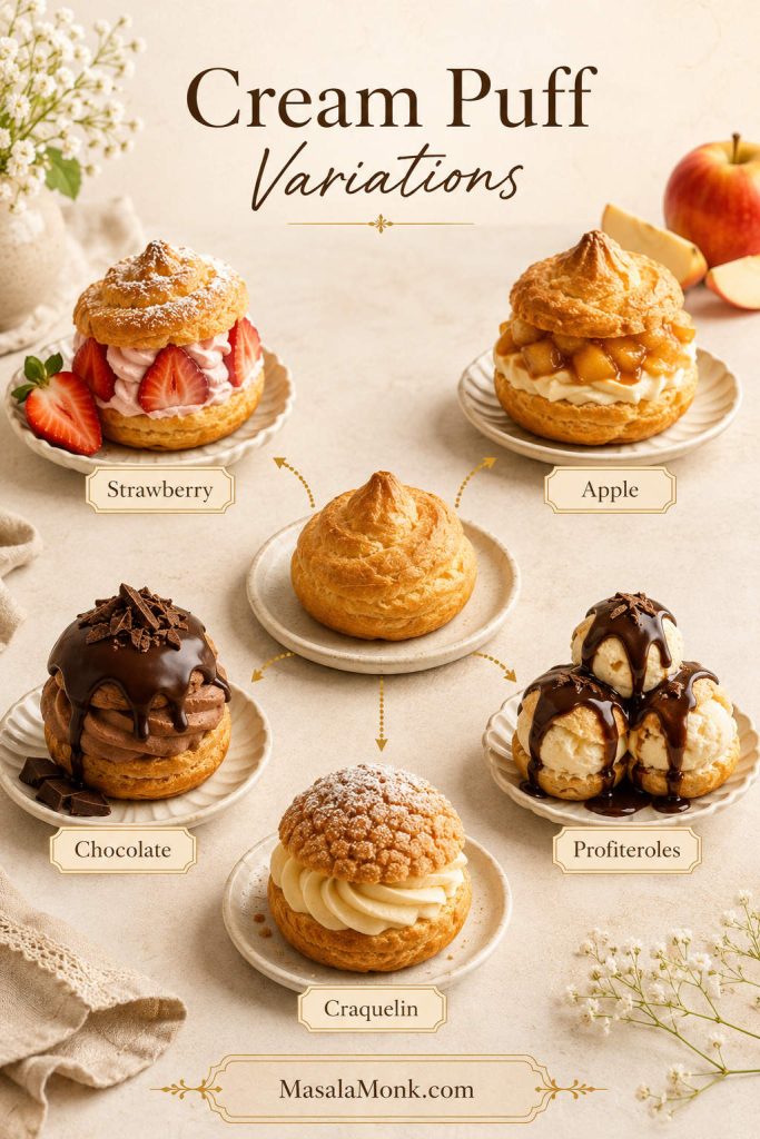 Cream puff variations guide showing strawberry, apple, chocolate, profiteroles, and craquelin versions.