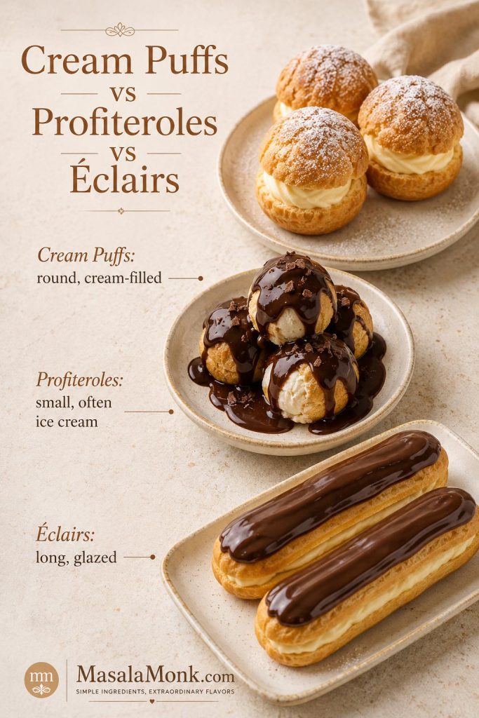 Comparison of round cream puffs, small profiteroles with chocolate sauce, and long chocolate-glazed éclairs.