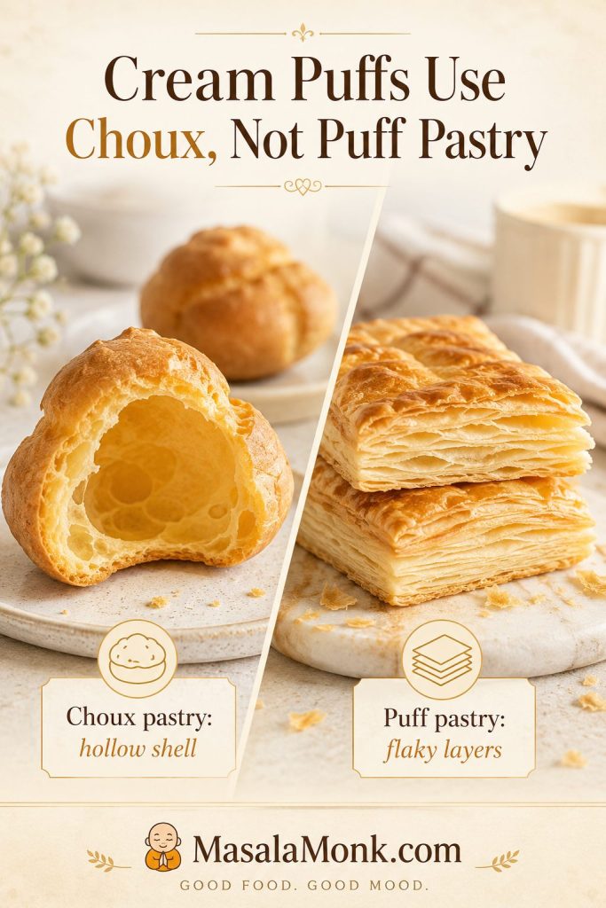 Hollow choux pastry cream puff shell compared with flaky puff pastry layers.