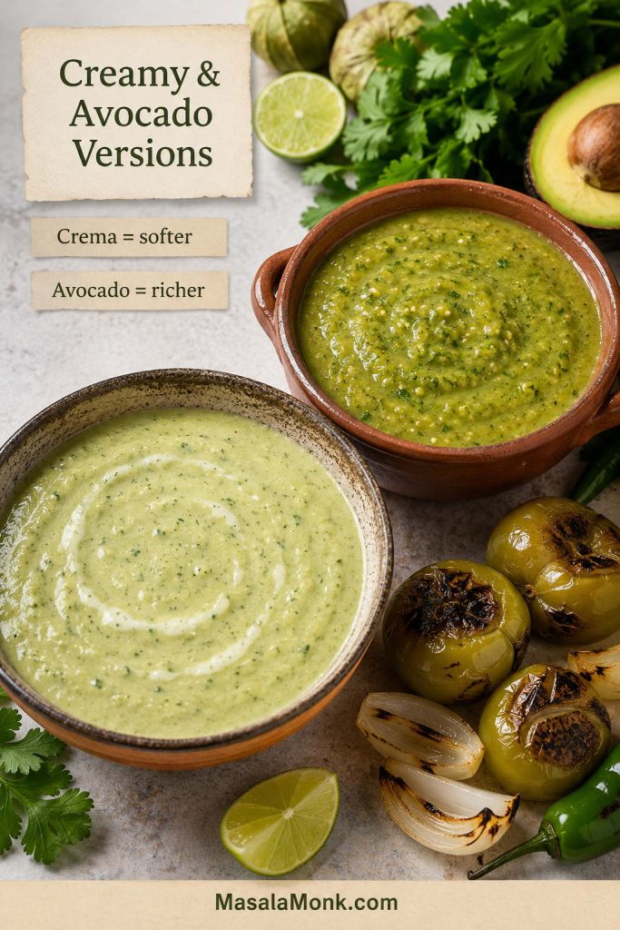 Two bowls of salsa verde showing a pale creamy version and a thicker avocado version with avocado, lime, cilantro, and roasted tomatillos