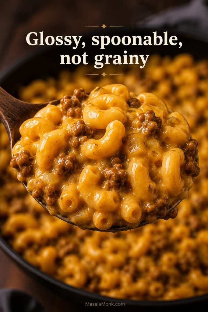 Spoon lifting creamy cheeseburger macaroni with elbow pasta, ground beef, and smooth cheddar sauce.