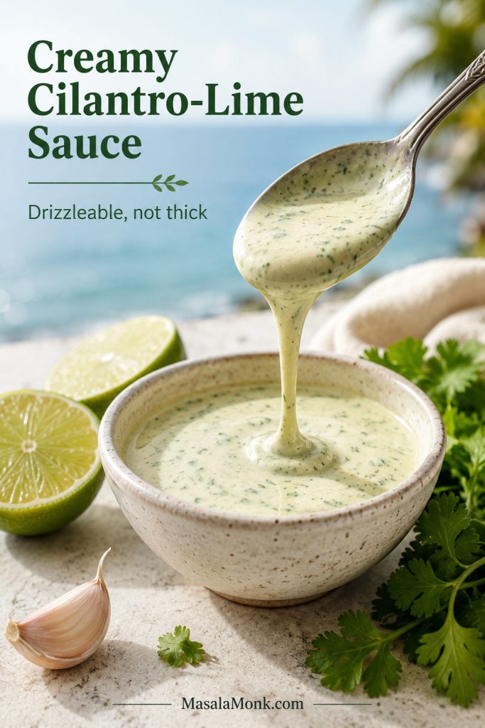 Spoon lifting creamy cilantro lime sauce from a bowl with lime, cilantro, and garlic nearby