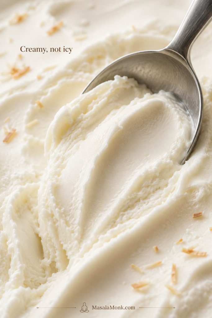 Close-up of a spoon dragging through smooth coconut ice cream, showing soft creamy ridges and a dense but scoopable texture.