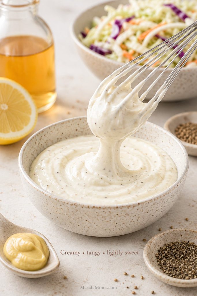 Creamy coleslaw dressing being whisked with lemon, vinegar, mustard, pepper, and cabbage nearby.