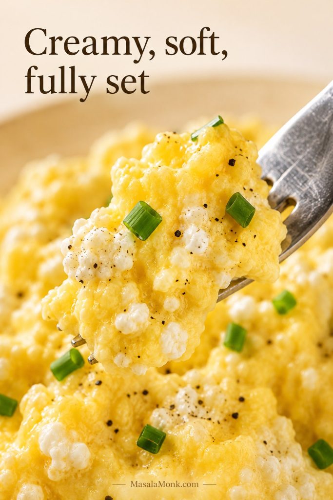 Close-up of creamy scrambled eggs with cottage cheese showing soft folds, chives, pepper, and no pooling liquid.