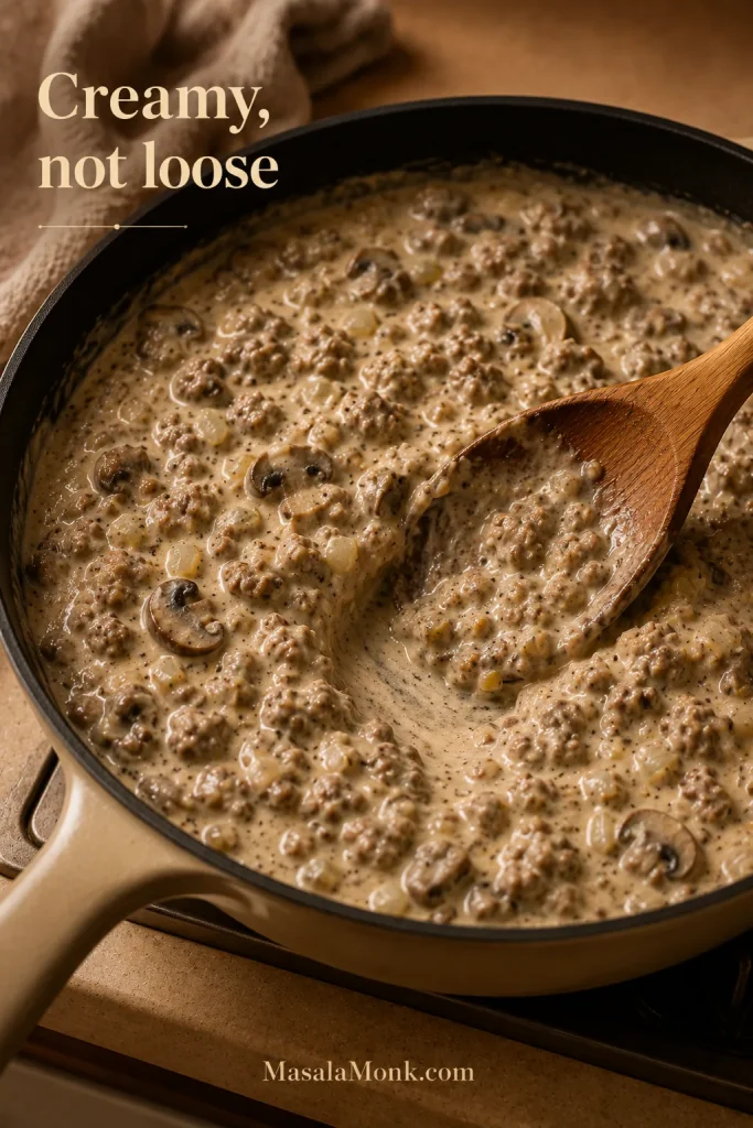 Thick creamy tater tot casserole filling in a skillet with a spoon path showing it is not loose or watery