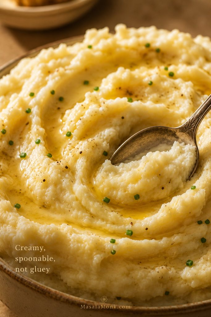 Close-up of garlic mashed potatoes with a spoon drag, melted butter in the ridges, and small chive flecks.