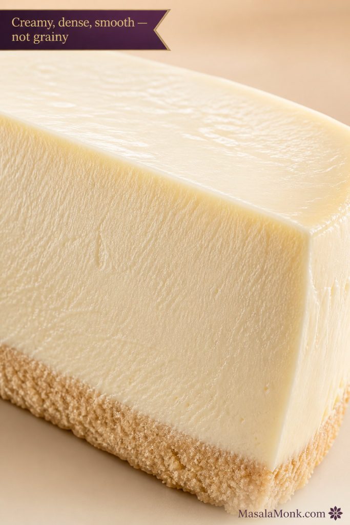 Close-up of a creamy keto cheesecake slice with smooth dense filling and a visible almond flour crust.