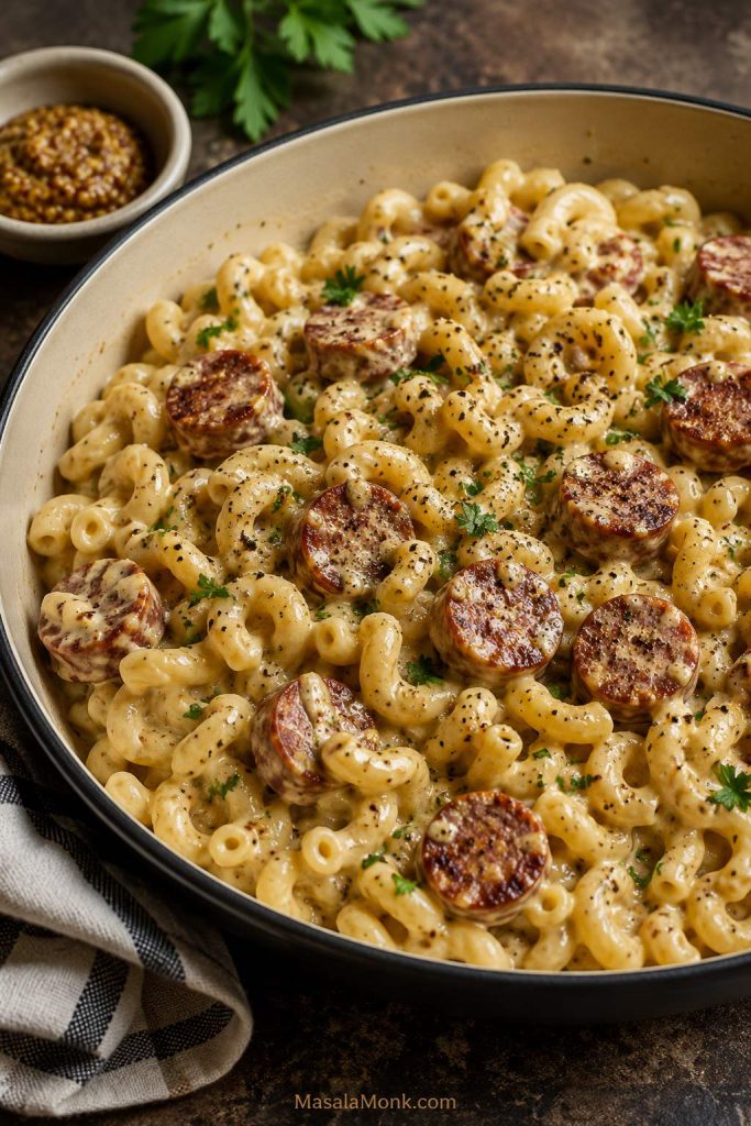 Creamy mustard kielbasa pasta with browned sausage slices, short pasta, pale golden sauce, black pepper, parsley, and a small bowl of mustard.
