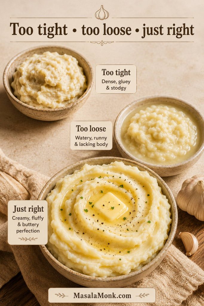 Three mashed potato textures compared: too tight, too loose, and just right.