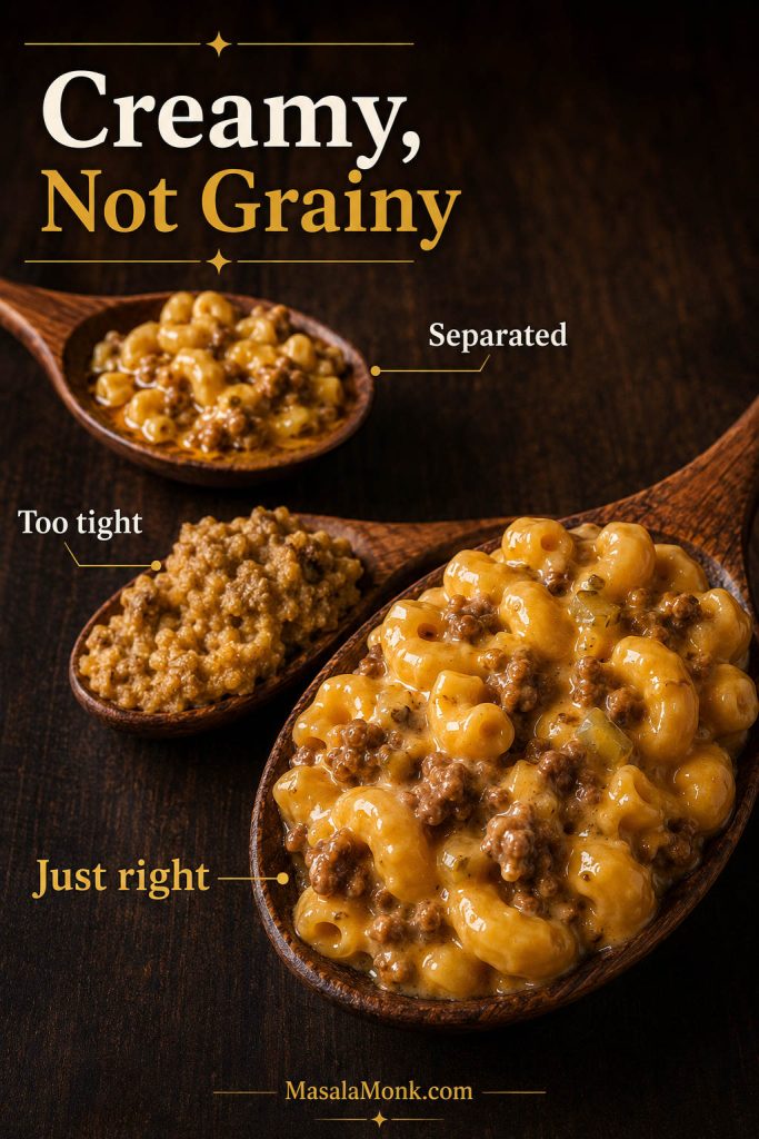 Texture guide for cheeseburger macaroni comparing separated sauce, too-thick sauce, and creamy just-right sauce on wooden spoons.