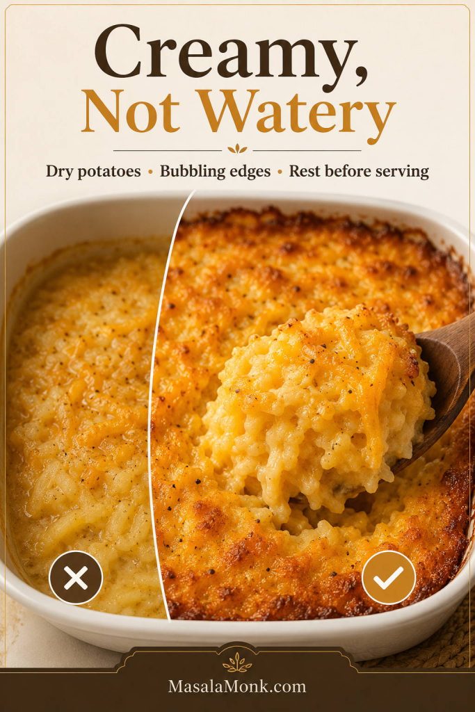 Texture comparison showing watery hashbrown casserole beside a creamy, cohesive casserole scoop.