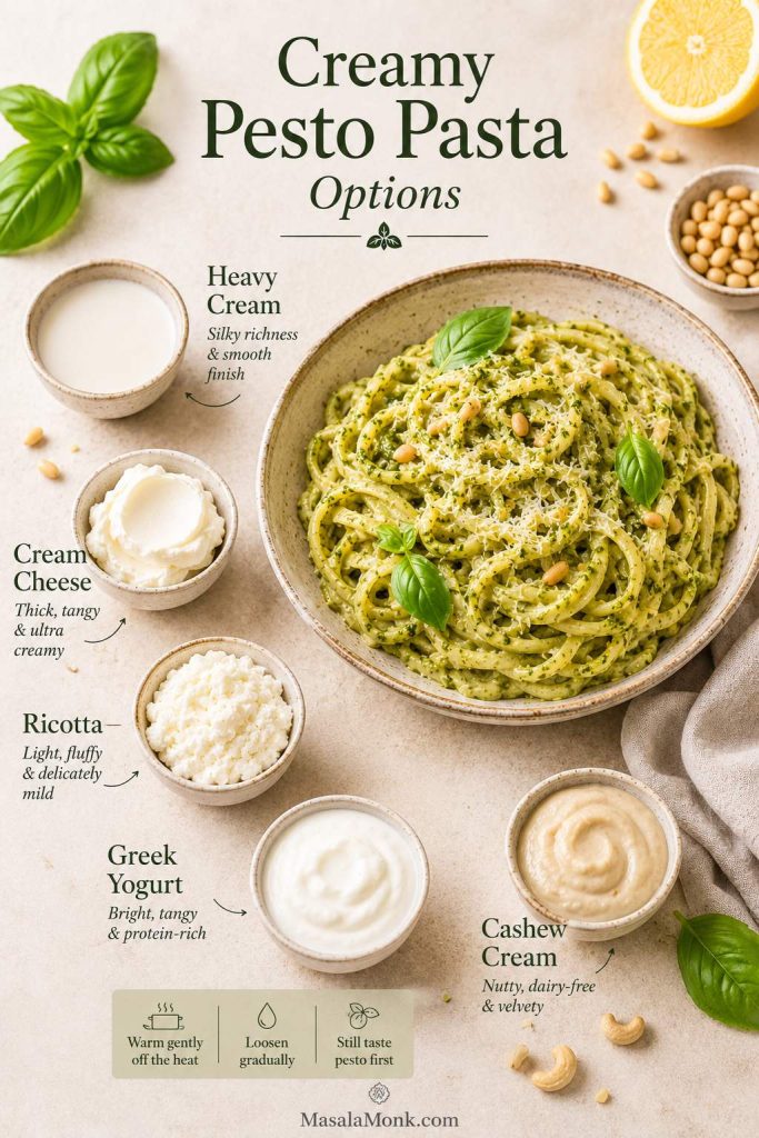 Creamy pesto pasta options including heavy cream, cream cheese, Greek yogurt, ricotta and cashew cream