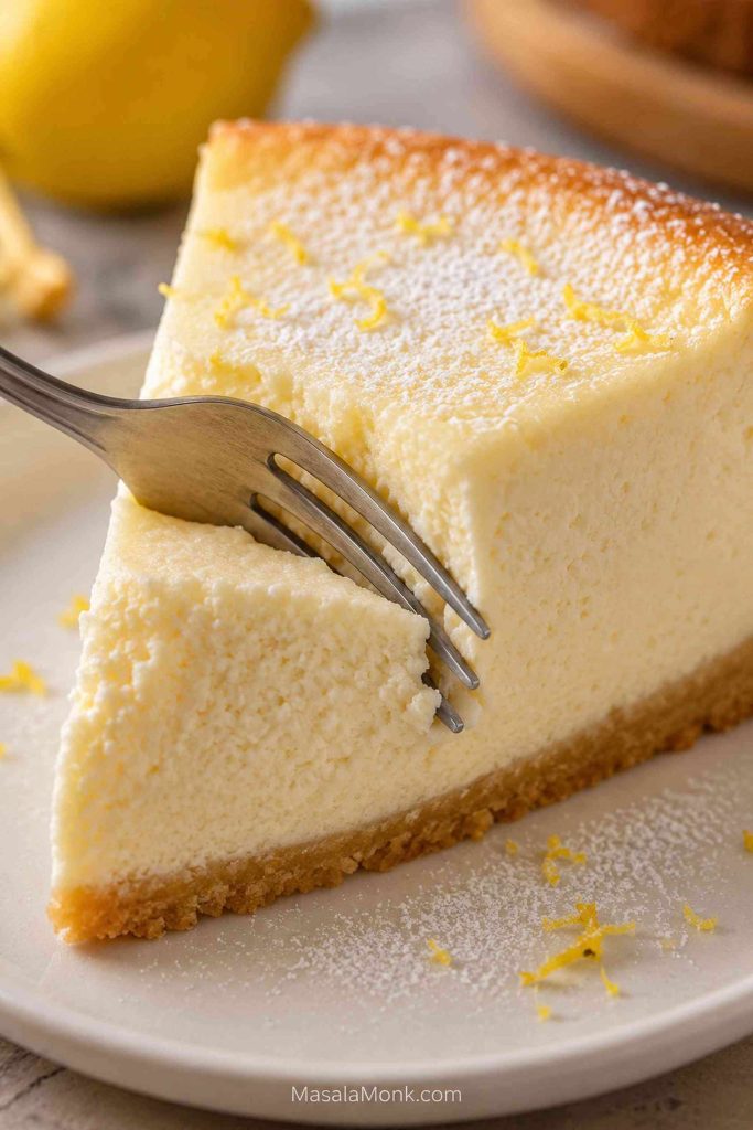 Close-up of a creamy ricotta cheesecake slice with a fork pressing into the soft filling