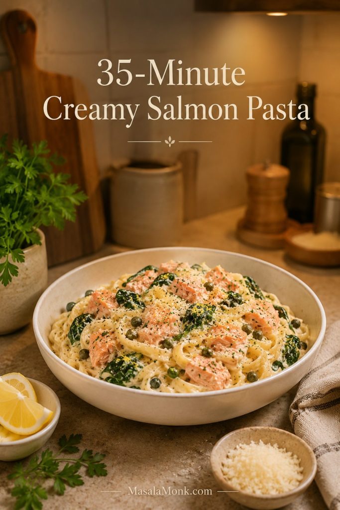 Bowl of creamy salmon pasta served with lemon, Parmesan, herbs, and a 35-minute dinner cue
