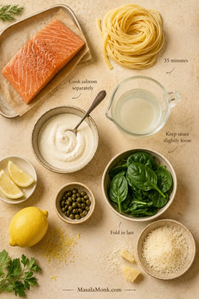 Creamy salmon pasta overview with salmon, pasta, cream sauce, lemon, capers, spinach, Parmesan, and pasta water