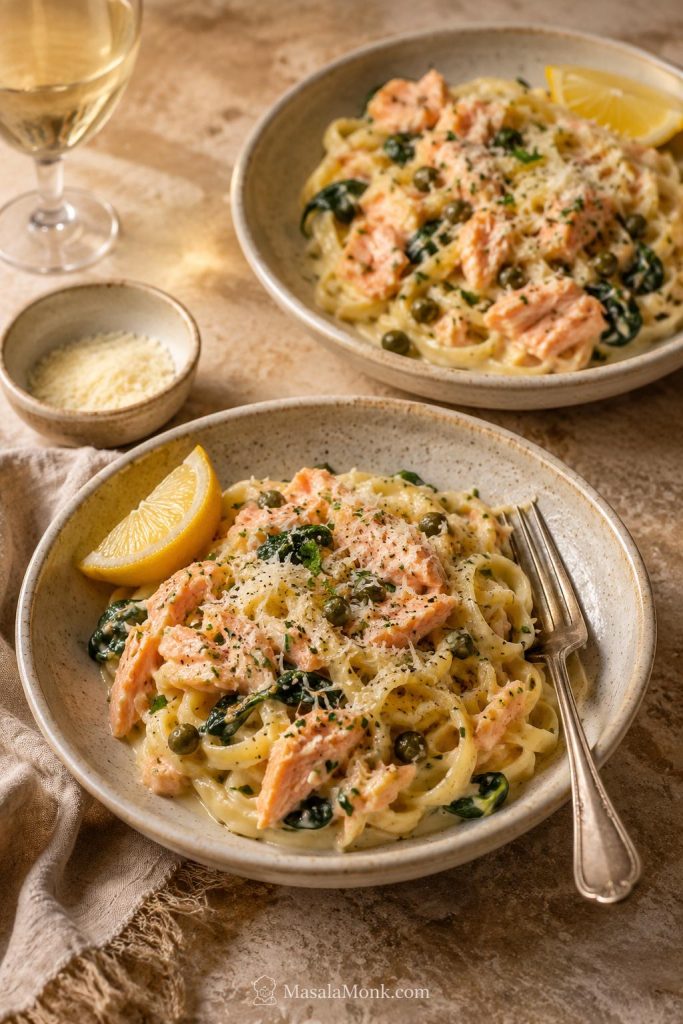 Two bowls of creamy salmon pasta with salmon, spinach, capers, lemon, Parmesan, and forks on a warm table