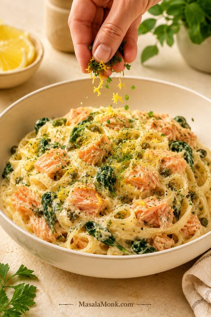 Hand adding lemon zest, herbs, capers, and black pepper to creamy salmon pasta