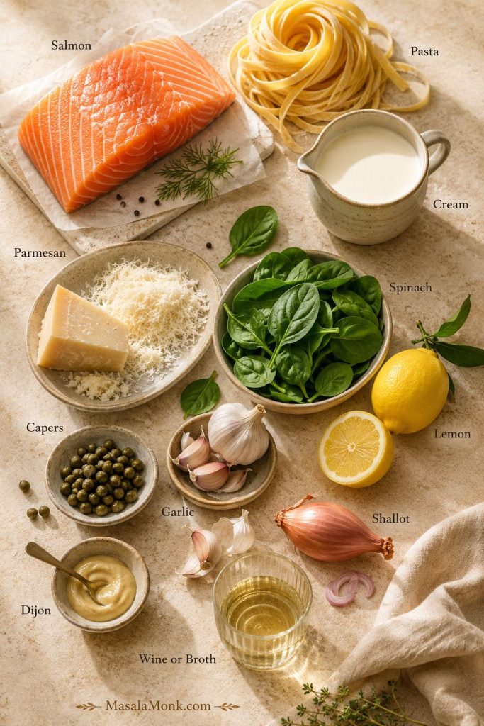 Ingredients for creamy salmon pasta including salmon, pasta, cream, Parmesan, spinach, lemon, capers, garlic, shallot, Dijon, and wine or broth