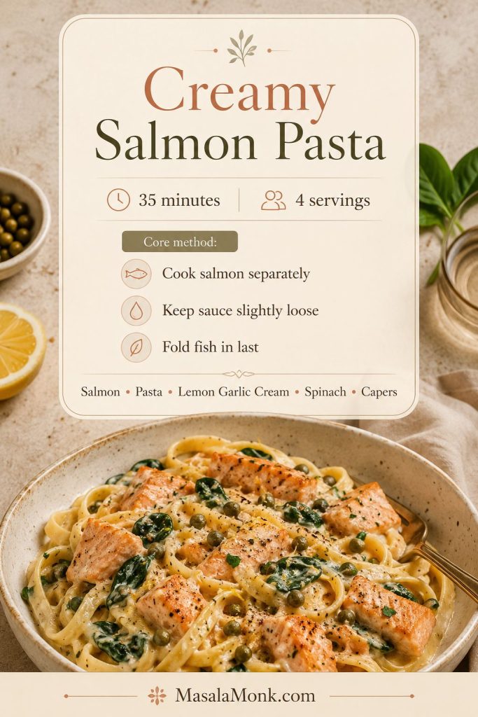 Saveable creamy salmon pasta recipe card with a bowl of salmon pasta, 35-minute time, 4 servings, and core method tips