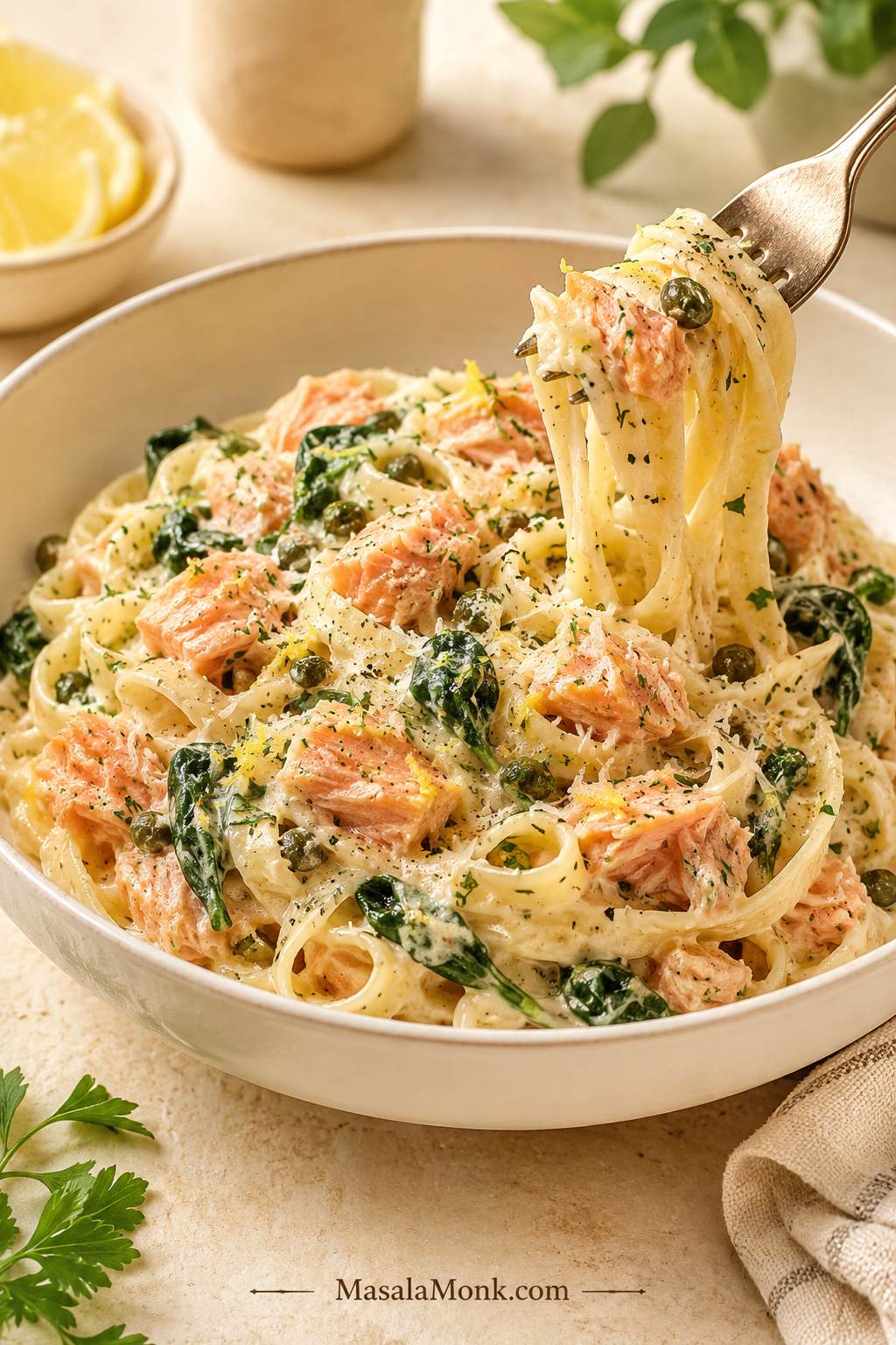 Creamy salmon pasta in a shallow bowl with salmon flakes, spinach, capers, lemon zest, Parmesan, herbs, and a fork lifting pasta.