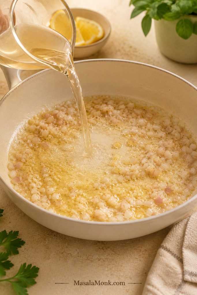 Shallot and garlic cooking in butter while wine or broth is poured into a skillet