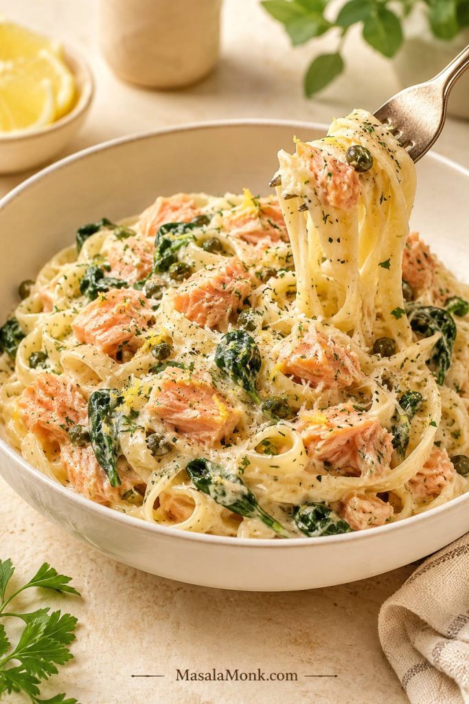 Tongs pulling creamy pasta through sauce and leaving a light trail in the pan