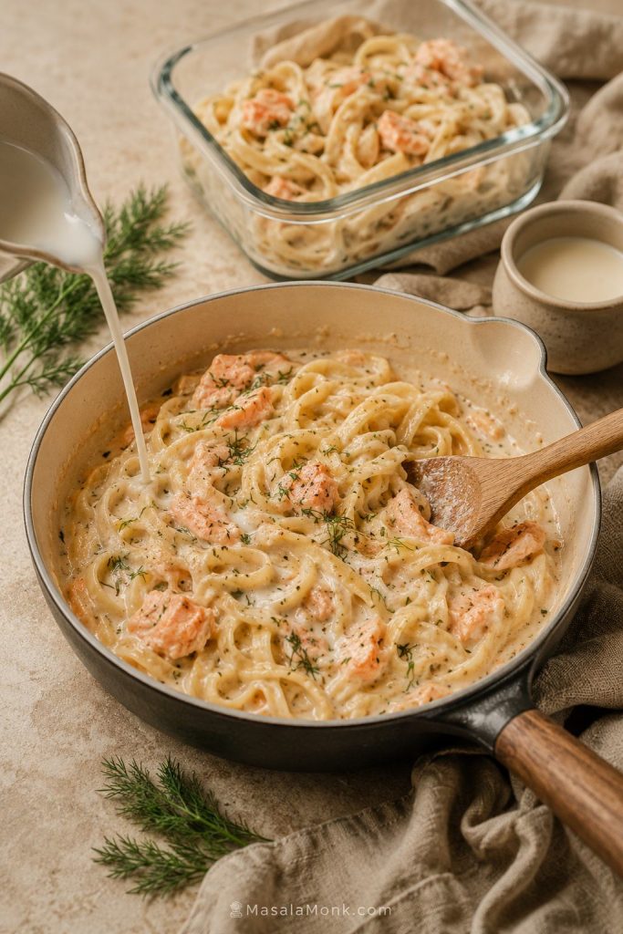 Creamy salmon pasta reheating in a skillet with a splash of liquid and leftovers in a glass storage container nearby