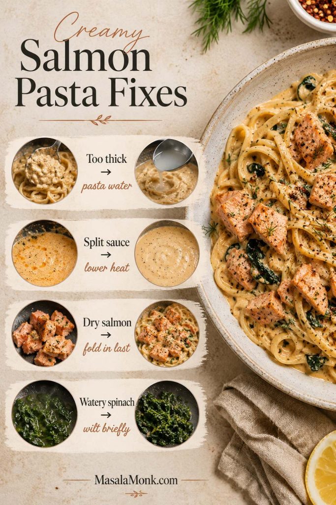 Creamy salmon pasta troubleshooting board with fixes for thick sauce, split sauce, dry salmon, and watery spinach