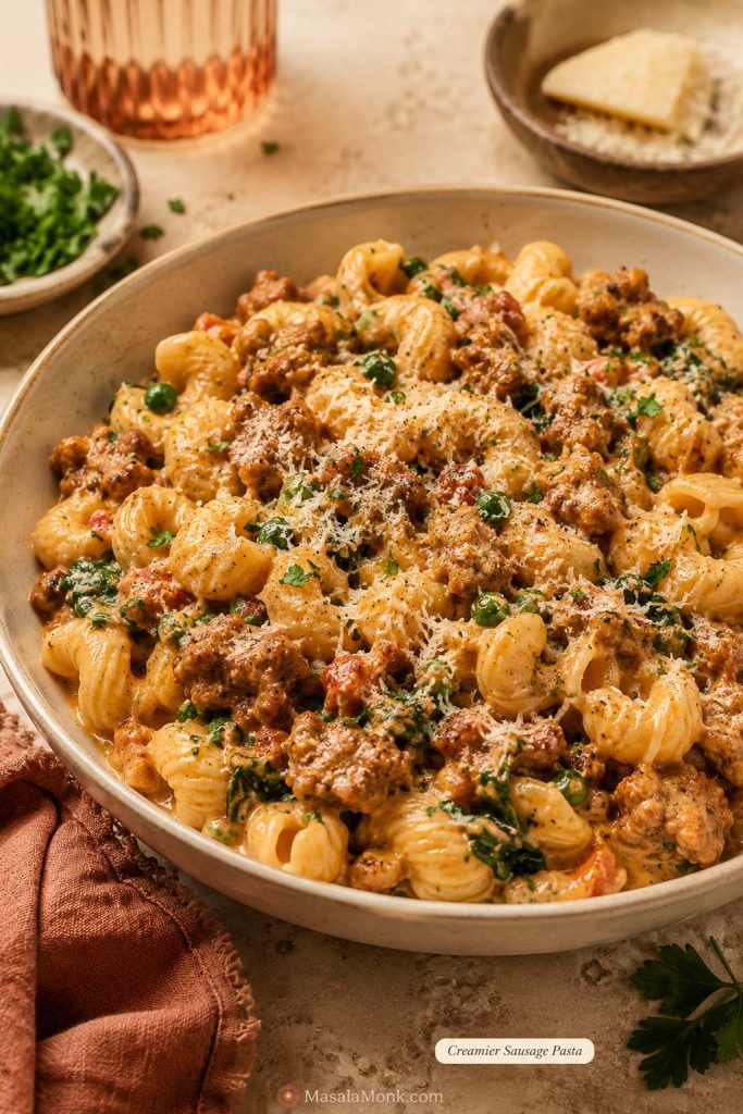 Creamier sausage pasta variation with short pasta, browned sausage, parmesan, herbs, and a pale tomato-cream sauce.