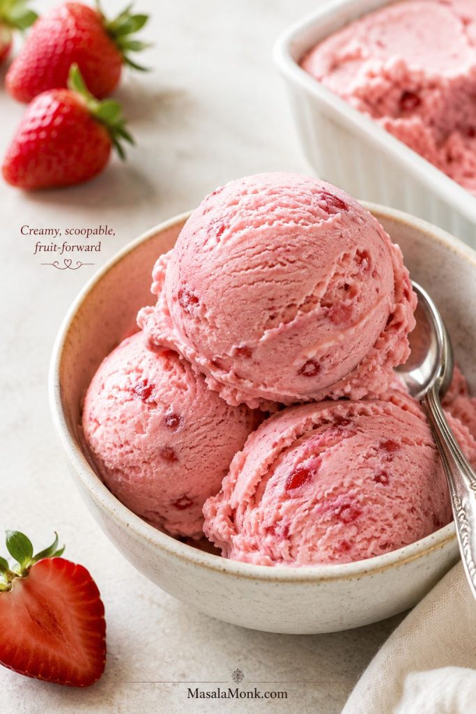 Close-up scoops of creamy strawberry ice cream with smooth texture and fresh strawberries