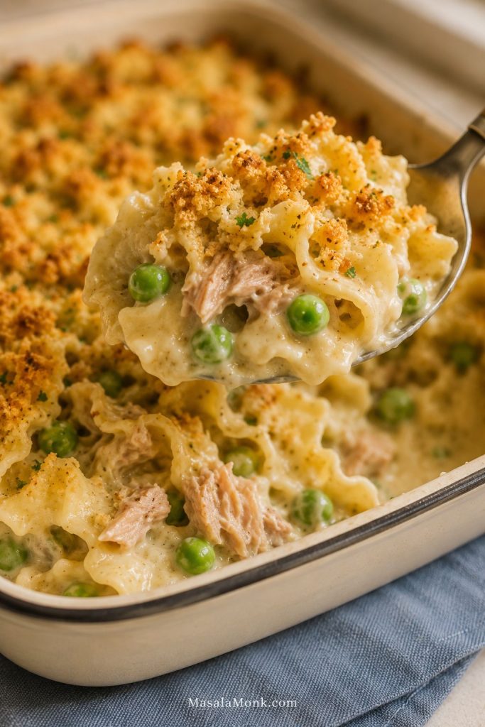 Close spoonful of tuna noodle casserole with saucy egg noodles, peas, tuna flakes, and crisp crumbs lifted from the dish.