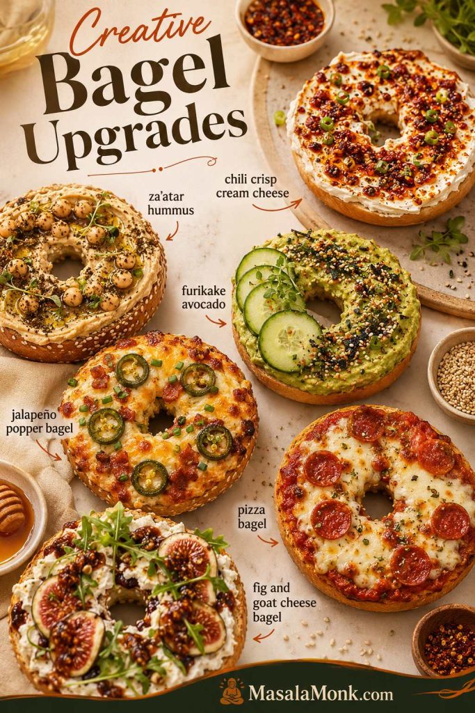 Creative bagel upgrades with chili crisp cream cheese, za’atar hummus, furikake avocado, jalapeño popper, pizza bagel, and fig goat cheese.