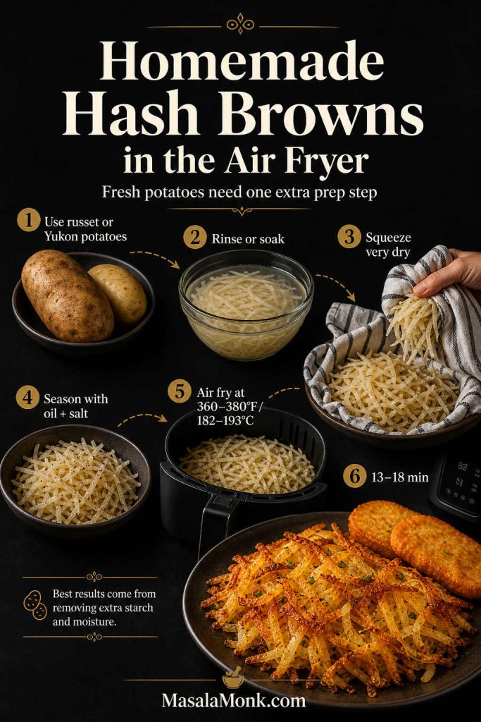 Saveable recipe card infographic for crispy air fryer hash browns showing frozen shredded hash browns, oil, seasonings, the 375 degree Fahrenheit temperature, 15 to 20 minute cooking time, and a note to shake every 5 minutes.