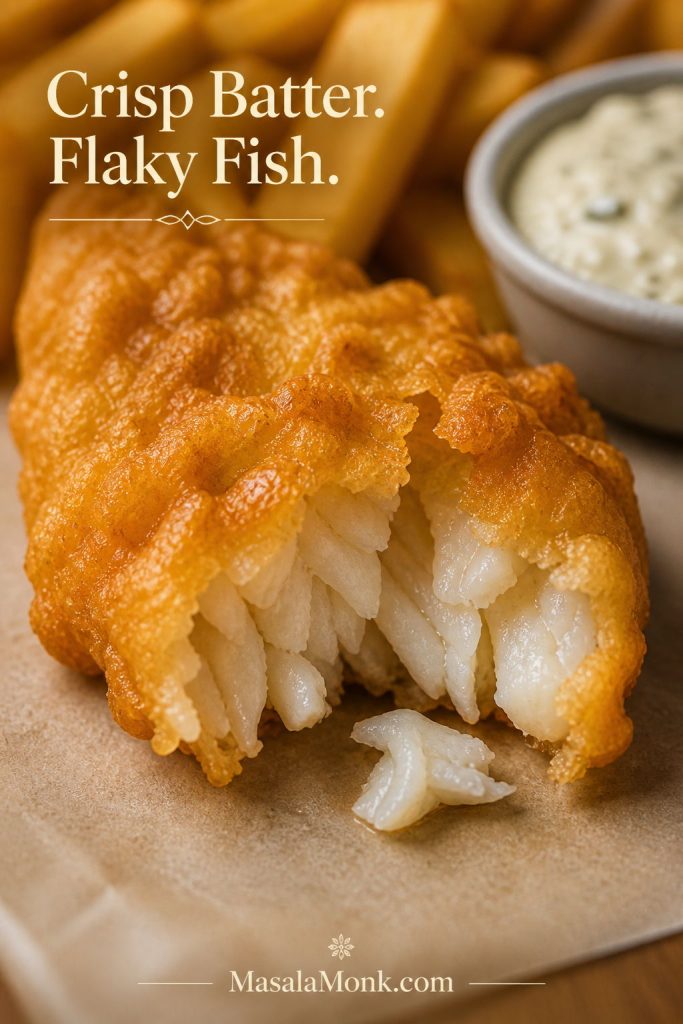 Close-up of a broken piece of beer-battered white fish showing crisp golden coating and flaky fish inside.