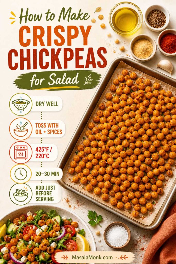 Roasted crispy chickpeas on a sheet pan with seasonings and notes about oven temperature, roasting time, and serving.