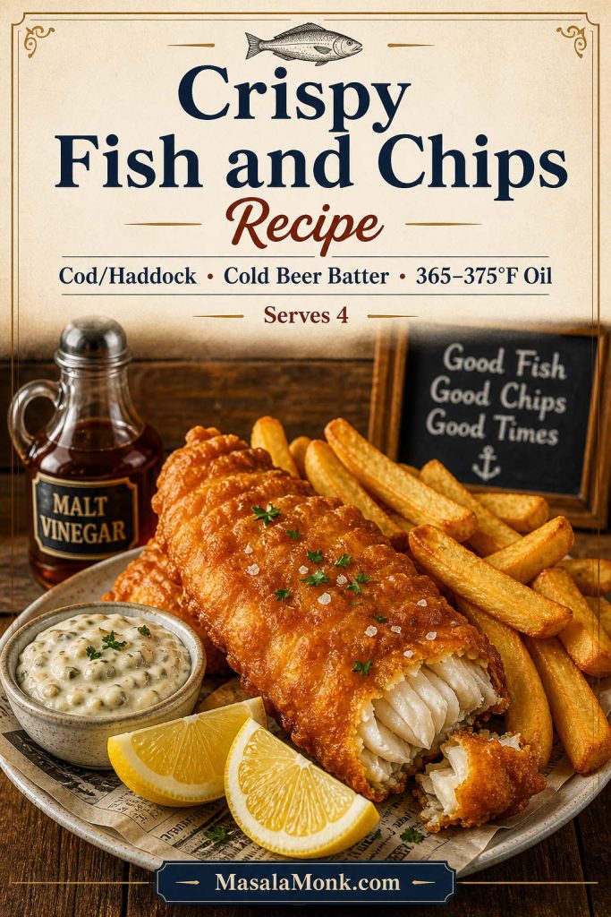 Saveable fish and chips recipe card with crispy battered fish, chips, tartar sauce, lemon, and recipe notes.