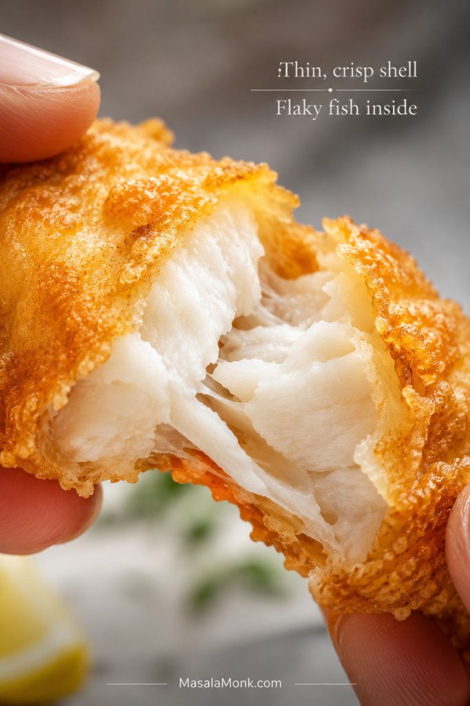 Close-up of crispy battered fish being broken open, showing a thin golden crust and tender white flakes inside