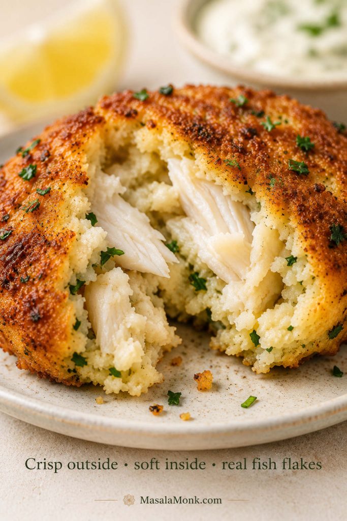 Close-up of a fish cake split open to show a crisp breadcrumb crust, soft potato, and flaky white fish inside
