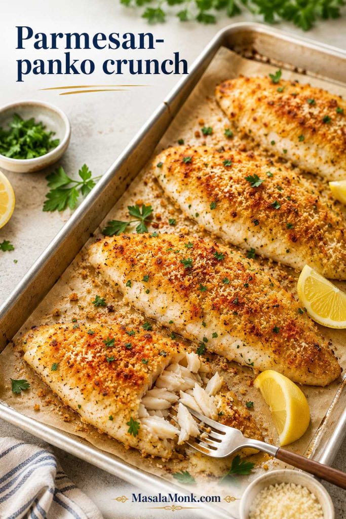 Crispy parmesan baked tilapia on a sheet pan with golden panko topping, parsley, lemon, and a fork-flaked fillet.