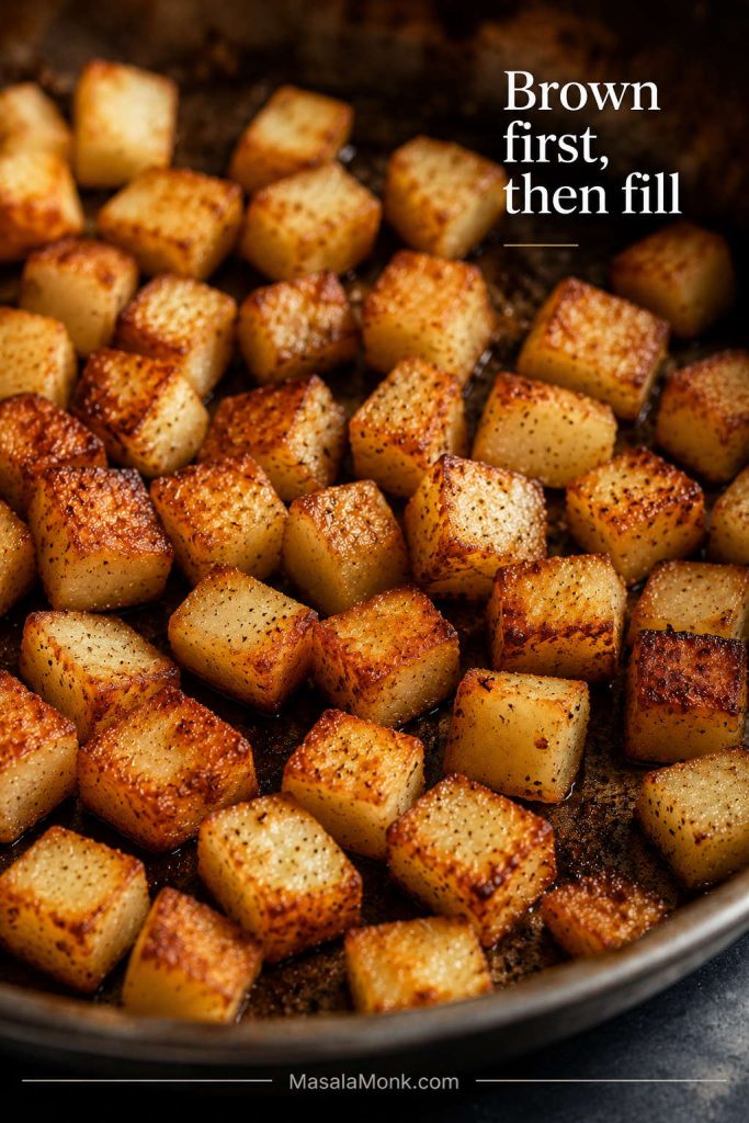 Golden diced potatoes browned in a skillet for breakfast burrito filling