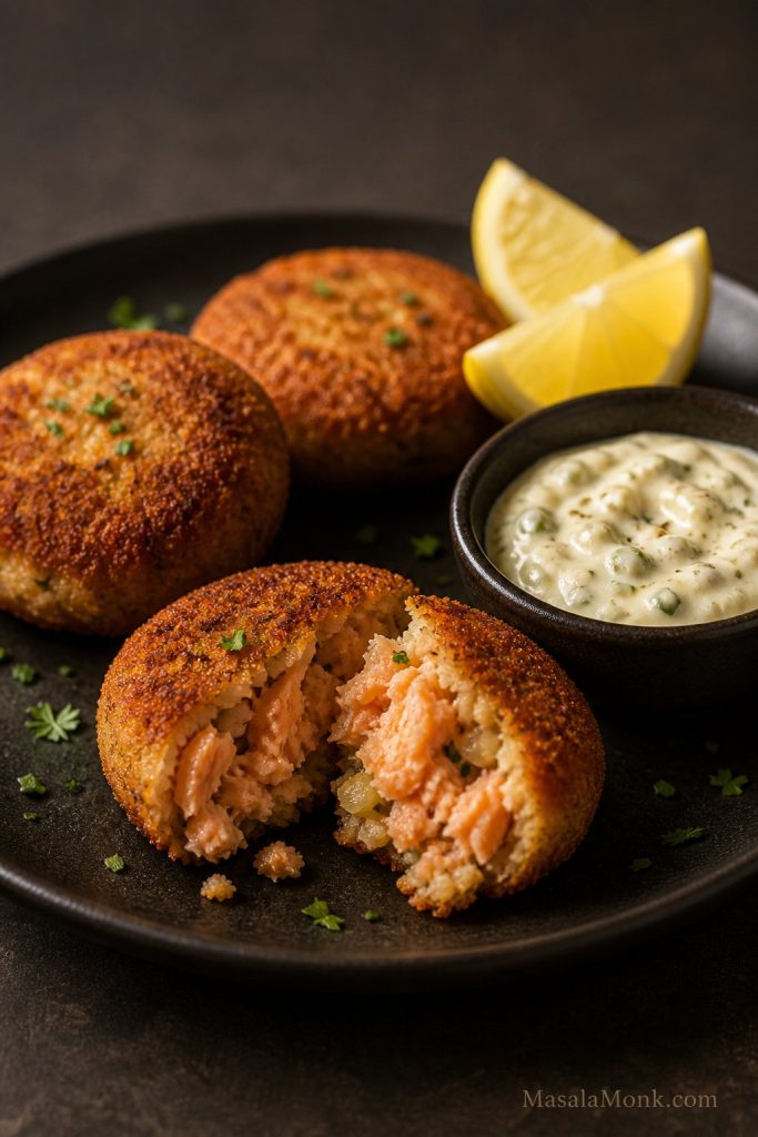 Finished salmon croquettes served with lemon wedges and creamy dipping sauce, with one croquette broken open
