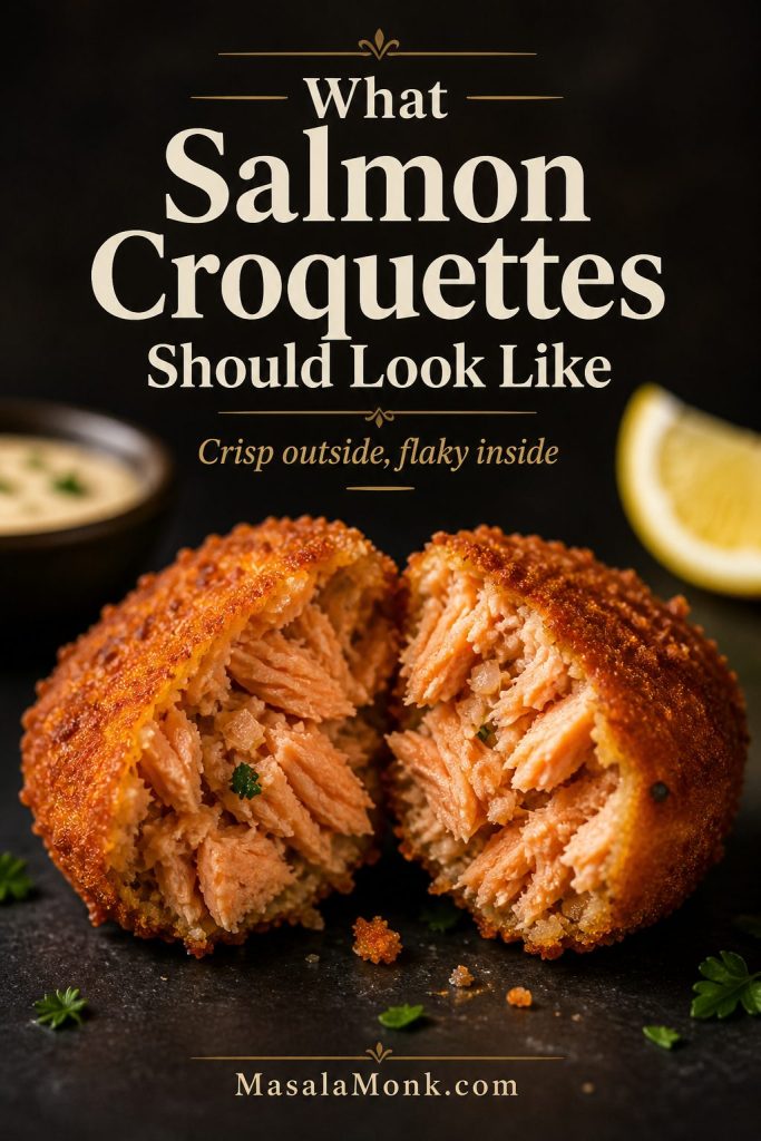 Close-up of a salmon croquette split open to show a crisp crust and flaky salmon filling