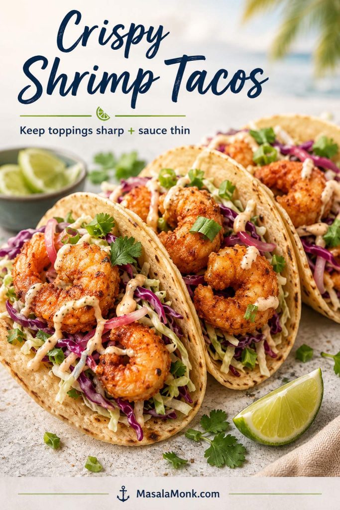 Crispy shrimp tacos with cabbage slaw, creamy sauce, cilantro, scallions, pickled onions, and lime