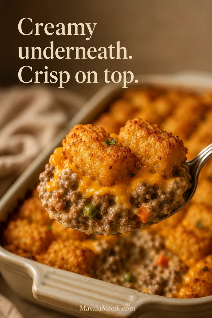 Spoon lifting tater tot casserole with creamy ground beef filling, melted cheese, vegetables, and crispy golden tater tots